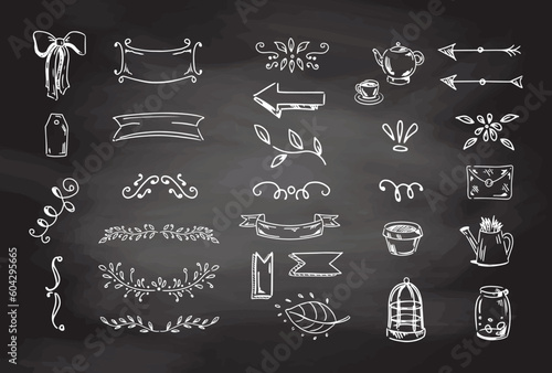 Simple sketch line style elements. Doodle cute ink pen line vintage elements isolated on chalkboard background. Doodle arrows, bow, garden tools, floral elements, leaves