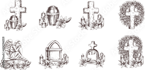 Hand drawn set for  Funeral service.  Vector illustration. Attributes and symbols of condolence, loss, dead, bereavement and cemetry. 