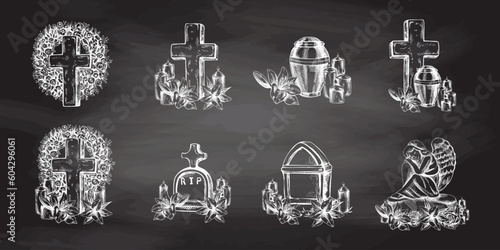 Hand drawn set for  Funeral service.  Vector illustration. Attributes and symbols of condolence, loss, dead, bereavement and cemetry. 