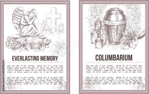 A hand-drawn set of vector funeral service banners.  Sketch illustration for condolence card and advertising of columbarium and cemetry with urn for ashes, vintage tombstone angel, wreath, cross