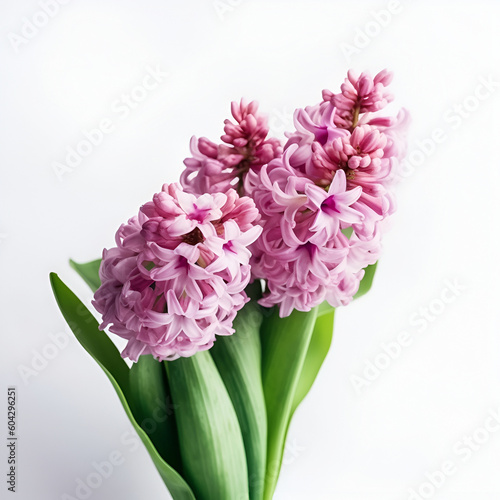 Bouquet of hyacinth flower plant with leaves isolated on white background. Flat lay, top side frontal view. macro closeup	