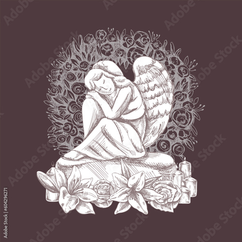 Hand drawn sad stone angel sitting with his head on his knees. Marble tombstone with candles and lilies. Vector drawing isolated on brown background, illustration for funeral business. 