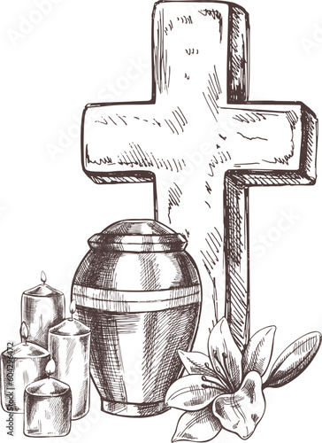 Old marble stone christ cross with candles, lilies and an urn with ashes. Vector hand drawn isolated illustration on white background. 