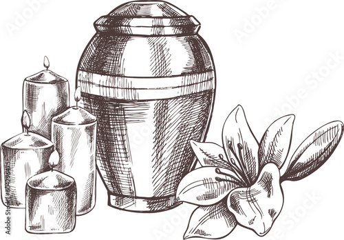 Hand drawn lilies, candles and an urn with ashes. Vector hand drawn isolated illustration on white background. Sketch symbol of death, cemetery, christianity, religion, faith, trust and resurrection