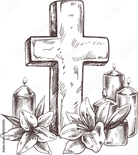 Old marble stone christ cross with with candles and lilies. Vector hand drawn isolated illustration on white background. 