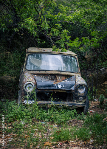 An old rusty scrap car that was dumped in the woods