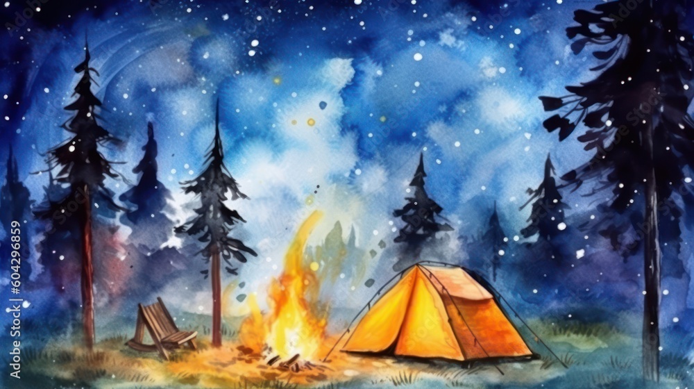 032_The stunning beauty of a starry night sky, with a cozy campfire to keep warm, creates a magical camping experience, Watercolor, hand-drawn art style, Generative AI
