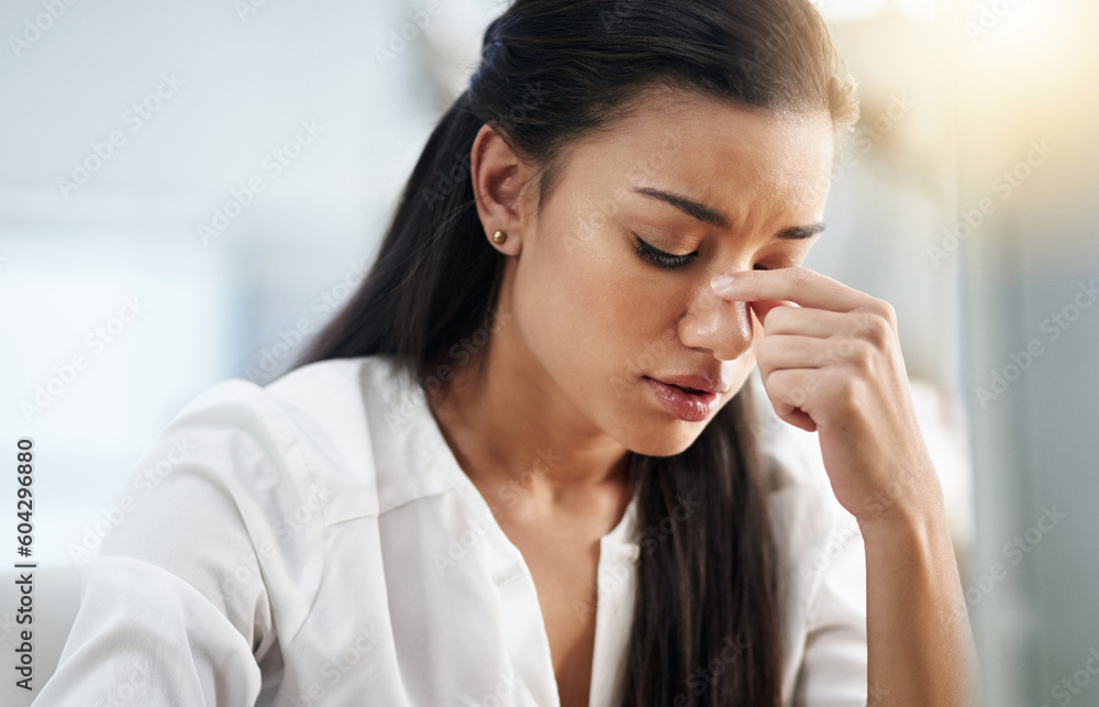 Business, burnout or woman with headache, stress or tired in office with fatigue, anxiety or depression. Depressed employee, sad female consultant or person frustrated with migraine pain in workplace Business, burnout or woman with headache, stress or tired in office with fatigue, anxiety or depression. Depressed employee, sad female consultant or person frustrated with migraine pain in workplace