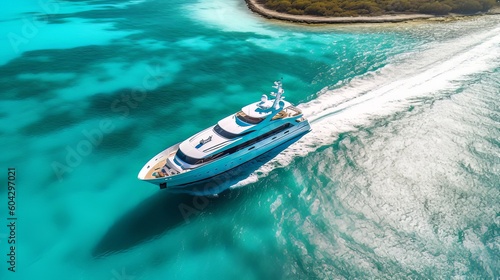 Luxurious sailing boat cruiser. Aerial view of the holiday boat cruiser at sea in blue waters. Generative Ai. © Creation    Art