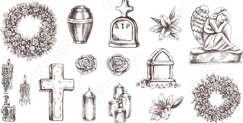 Hand drawn set for  Funeral service.  Vector illustration. Attributes and symbols of condolence, loss, dead, bereavement and cemetry. 