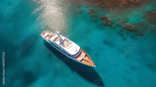 Luxurious sailing boat cruiser. Aerial view of the holiday boat cruiser at sea in blue waters. Generative Ai.