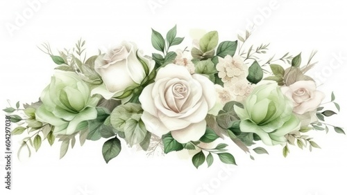 005_Watercolor a bouquet of white roses and green leaves hand-drawn art style, Generative AI