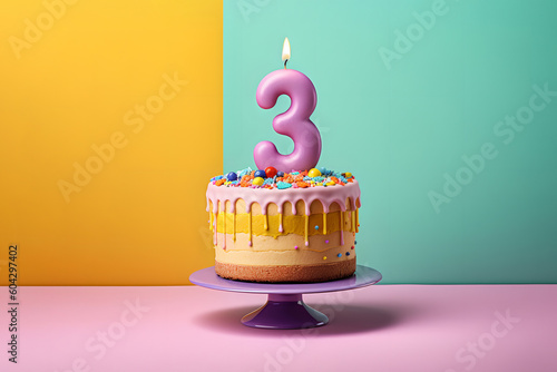 3rd years birthday cake on isolated colorful pastel background. Generative Ai. photo