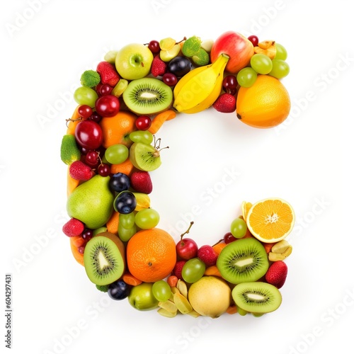 letter, alphabet, fruit, food, apple, orange, fresh, isolated, healthy, grape, banana, fruits, grapes, pineapple, diet, green, kiwi, white, ripe, red, pear, strawberry, vegetable, generative ai