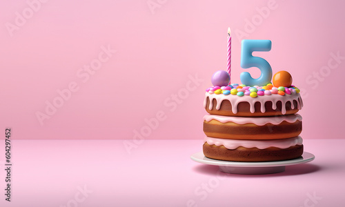 5th years birthday cake on isolated colorful pastel background. Generative Ai. photo