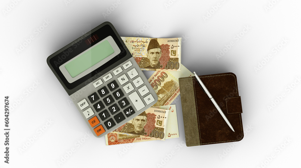 3D rendering of an isolated composition of Pakistani Rupee notes, a calculator, a note book and a pen 3D rendering of an isolated composition of Pakistani Rupee notes, a calculator, a note book and a pen
