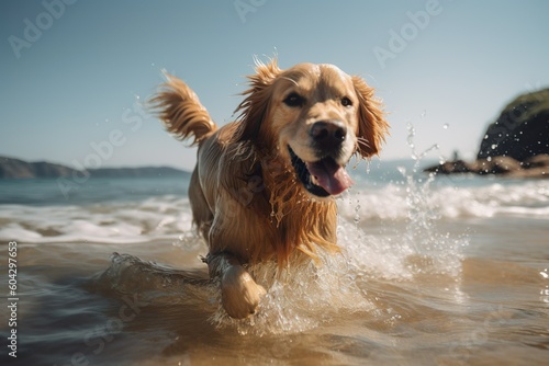 Generative AI, Happy Golden Retriever dog at the beach in summer © microdot