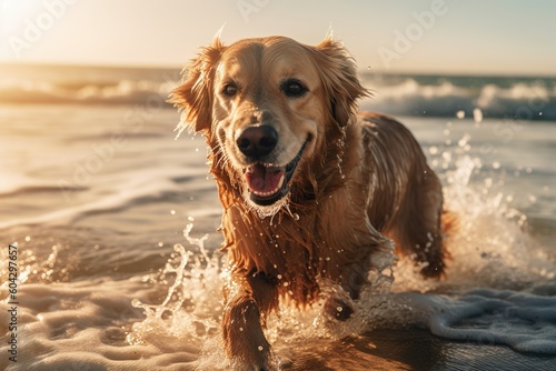 Generative AI, Happy Golden Retriever dog at the beach in summer