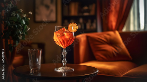 A glass with trendy Aperol Spitz or Negroni Sbagliato cocktail on a table in an expensive cozy restaurant, a hall with soft sofas Generative AI photo