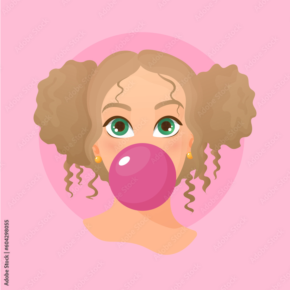 Obraz premium Girl with the flavor chewing cute cartoon bubble gum 