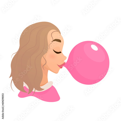 Girl with the flavor chewing cute cartoon bubble gum	