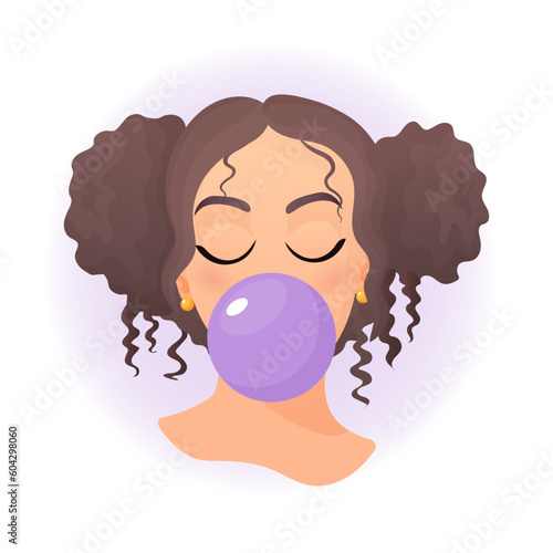 Girl with the flavor chewing cute cartoon bubble gum	