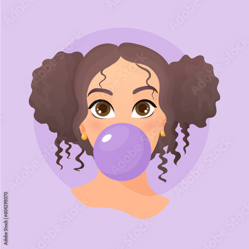 Girl with the flavor chewing cute cartoon bubble gum	
