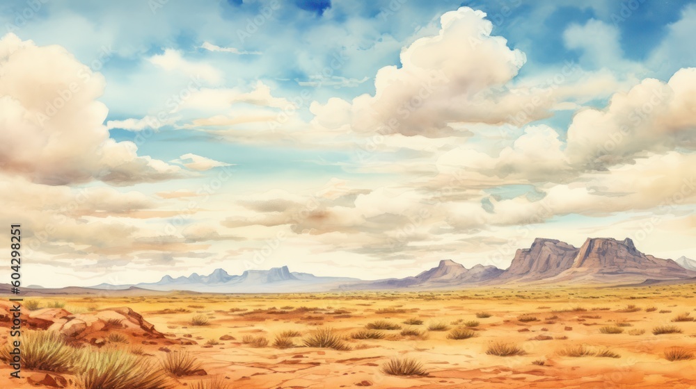 043_The rugged beauty of a desert landscape, paired with the vastness of the open sky, Watercolor, hand-drawn art style, Generative AI