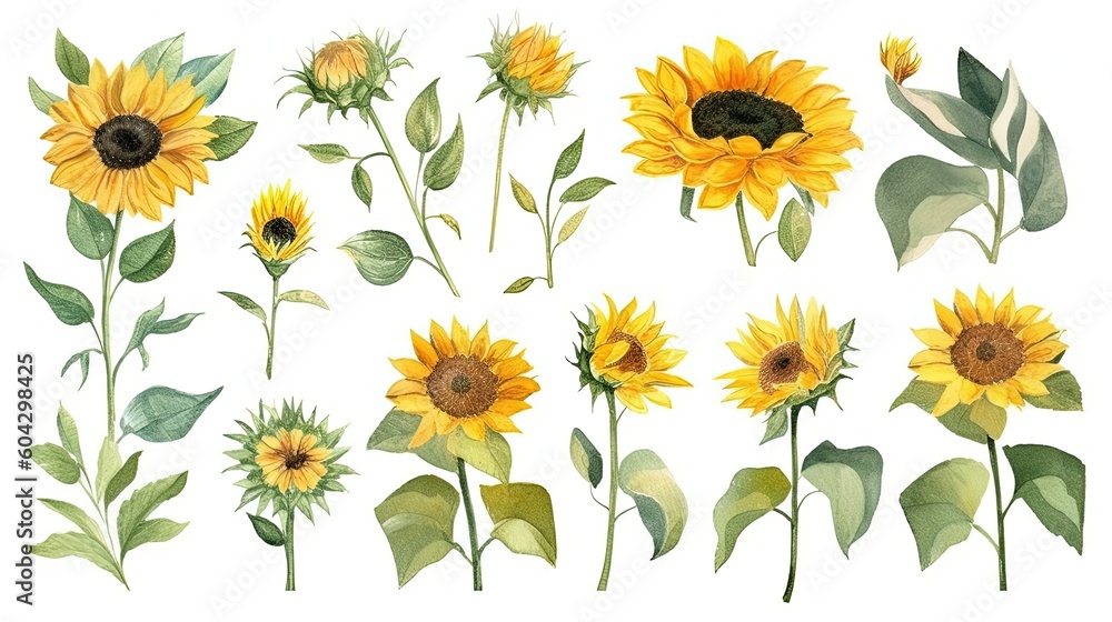 set of watercolor sunflower plants, generative ai - obrazy, fototapety, plakaty 