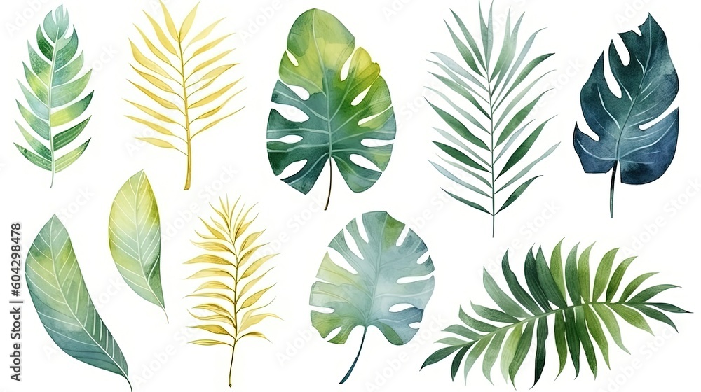 set of watercolor tropical palm leaves, generative ai