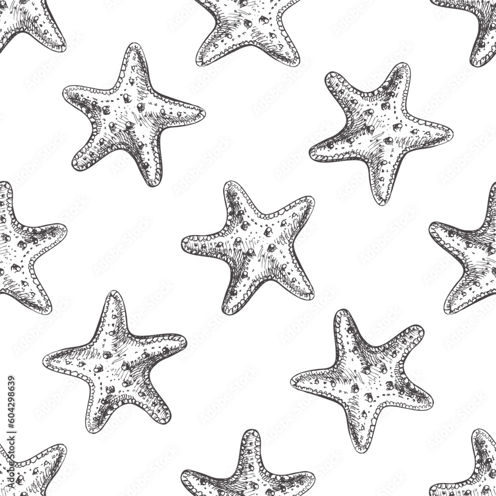 Hand drawn vector illustrations - seamless pattern of starfish. Marine background. Perfect for invitations, greeting cards, posters, prints, banners, flyers etc