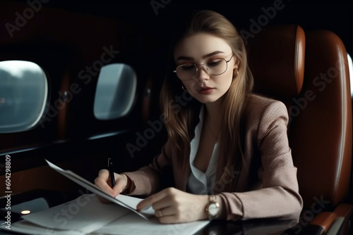 Beautiful business woman working in private business jet. AI generative. © vladdeep