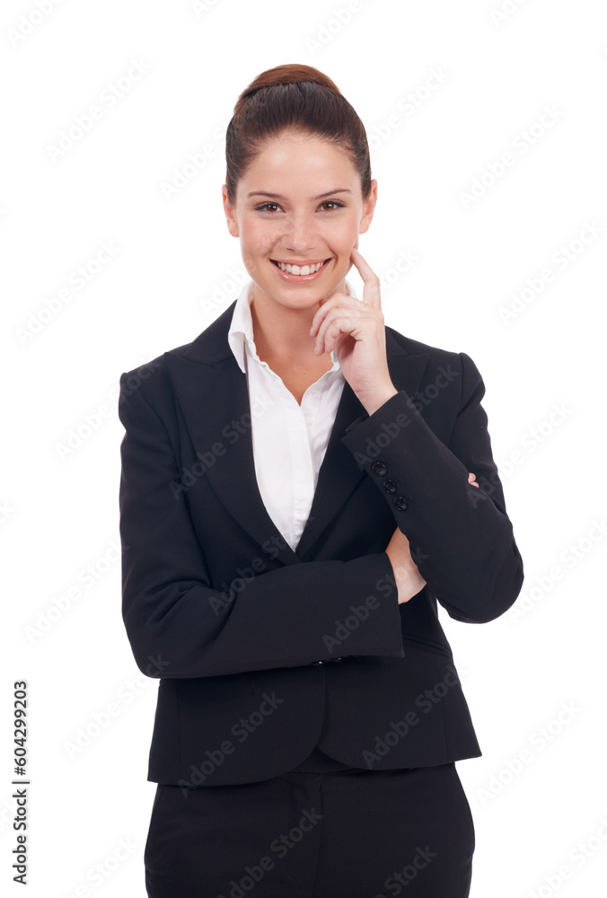 Woman, portrait and business white studio background isolated with idea as an expert in a company. Professional, model and manager with a smile for leadership with creative solution for organisation. Woman, portrait and business white studio background isolated with idea as an expert in a company. Professional, model and manager with a smile for leadership with creative solution for organisation.