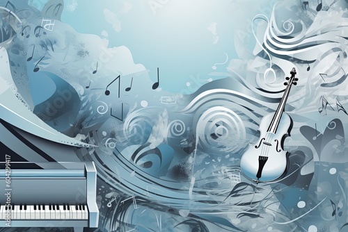 Music concept. Illustration of violin and piano in white-blue colour background with flying music notes around. Generative AI