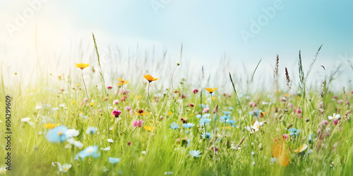 Beautiful meadow field with fresh grass and flowers in nature against a blurry green background with sun rays. Summer spring perfect natural landscape. Generative AI.