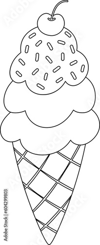 Scoop Of Ice Cream Waffle Cone Gelato Cherry Cafe Menu Outline Illustration