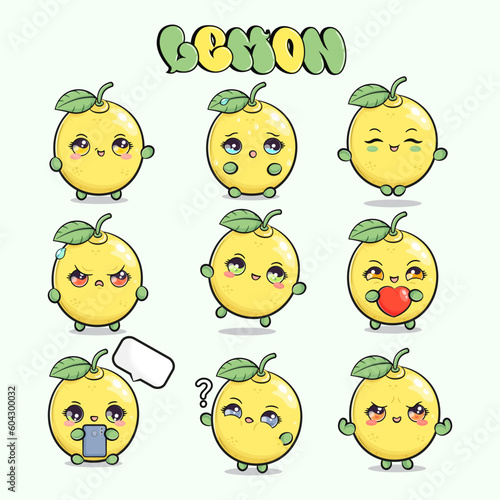Funny cute happy lemon characters bundle set. Vector hand drawn doodle style cartoon character illustration icon design. Isolated on green background. Cute lemon mascot character collection