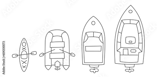 Ships size choice. Fishing boats dock. Editable outline. Vector line.