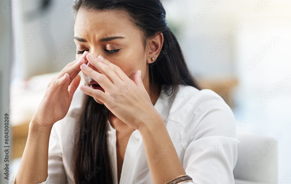 Office, burnout or woman with headache, stress or tired in workplace with fatigue, anxiety or depression. Stressed employee, sad female consultant or business person with migraine pain or frustrated Office, burnout or woman with headache, stress or tired in workplace with fatigue, anxiety or depression. Stressed employee, sad female consultant or business person with migraine pain or frustrated