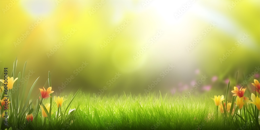 Obraz premium Beautiful meadow field with fresh grass and flowers in nature against a blurry green background with sun rays. Summer spring perfect natural landscape. Generative AI.