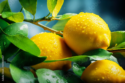 Lemon tree branch with ripe yellow lemons with drops and green leaves on dark background. Healthy vegan or vegetarian food. Concept organic, local, season fruits and harvesting. Generative ai