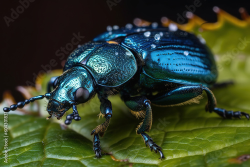 Image of a blue milkweed beetle on the leaf. Insect. Animals. Illustration. Generative AI. photo