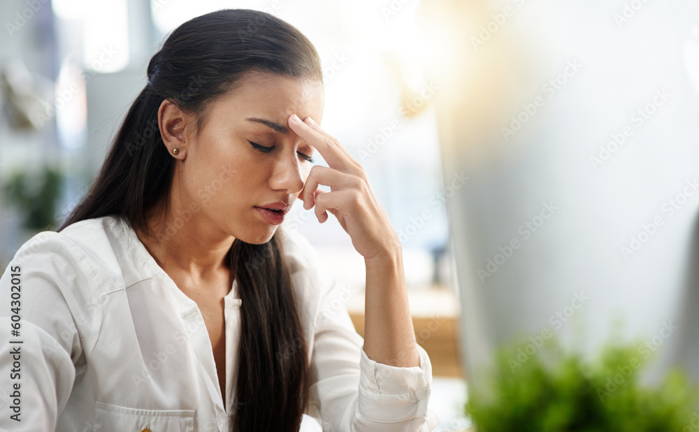 Stress, burnout or businesswoman with headache in office with fatigue, anxiety or depression. Depressed employee, sad female consultant or tired person frustrated with migraine pain in workplace Stress, burnout or businesswoman with headache in office with fatigue, anxiety or depression. Depressed employee, sad female consultant or tired person frustrated with migraine pain in workplace