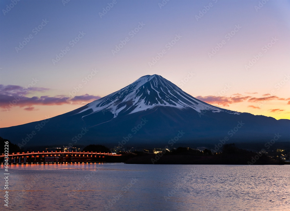 Fototapeta premium Mt. Fuji at dusk over Lake Kawaguchi in Japan. Generated AI