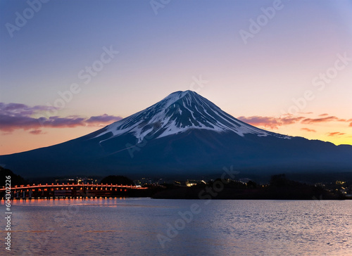 Mt. Fuji at dusk over Lake Kawaguchi in Japan. Generated AI
