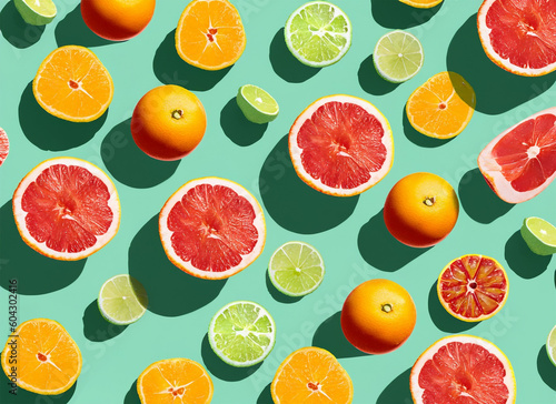 Seamless pattern with citrus fruits on mint background. Flat lay, top view. Generated AI