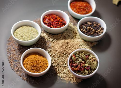 Various spices in white bowls on a black background. Selective focus. Generated AI