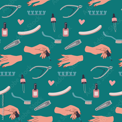 Well-groomed female hands with manicure. Hand applies nail polish. Seamless pattern of manicure tool kit.
