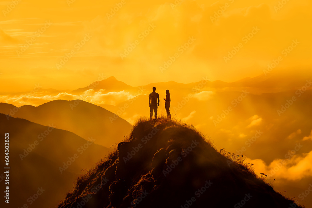 Silhouette of a couple on a mountain top at golden hour