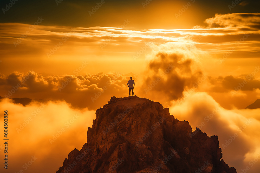 Silhouette of a person on the top of mountain at golden hour Silhouette of a person on the top of mountain at golden hour